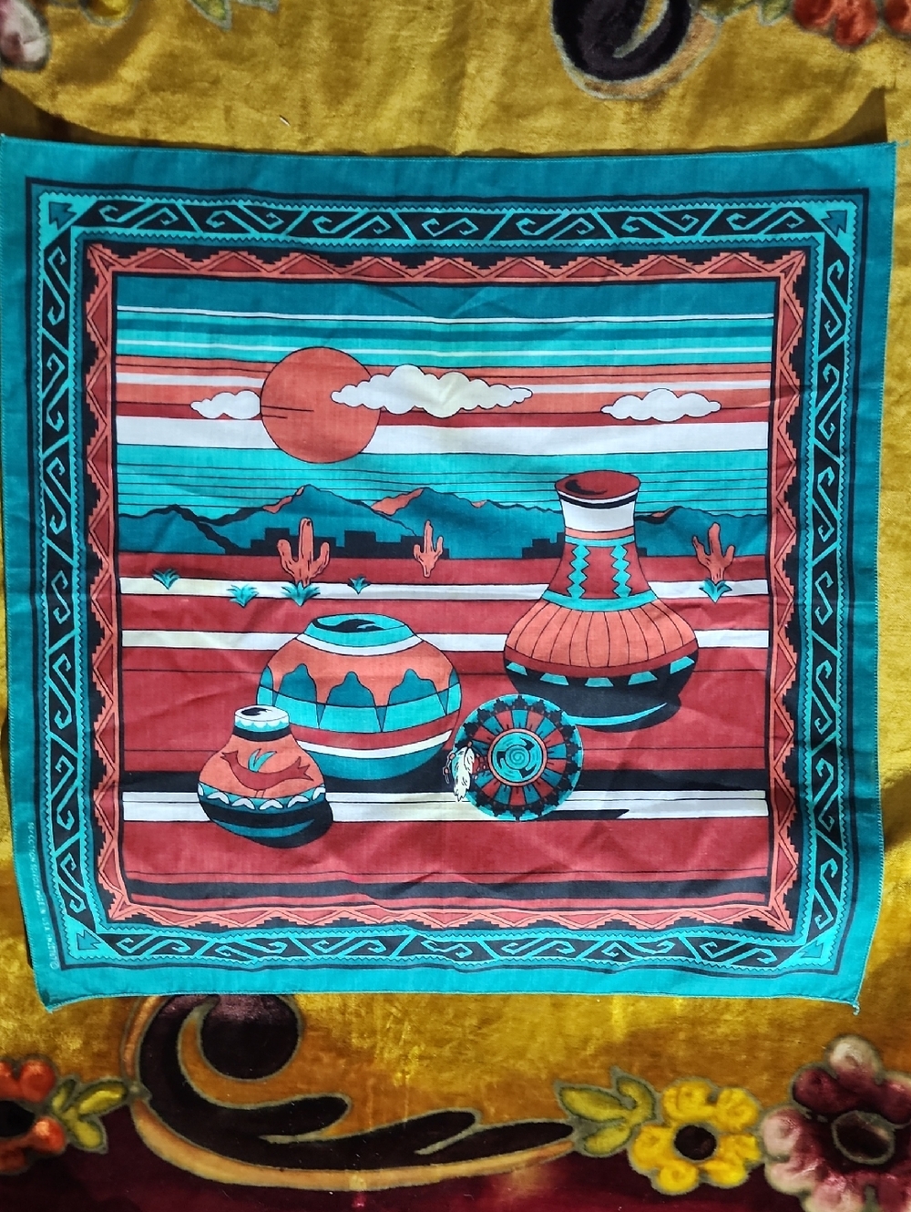 Southwestern Pottery Print Square Bandana Scarf - Teal & Coral
